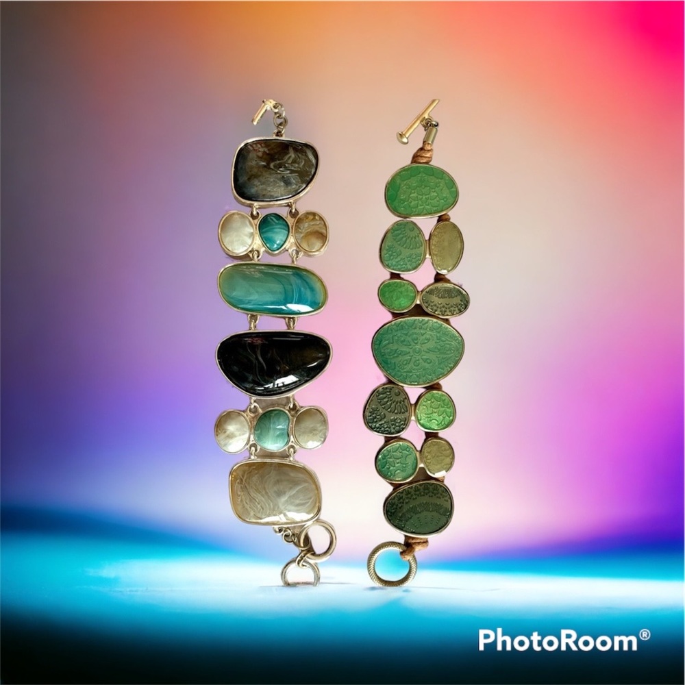Listing for 2 solid large bracelets. Green and multi color resin faux stones